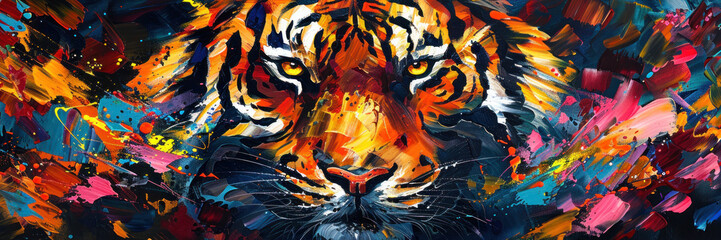 Captivating painting showcasing a tiger's face with a burst of expressive colors, symbolizing power and courage
