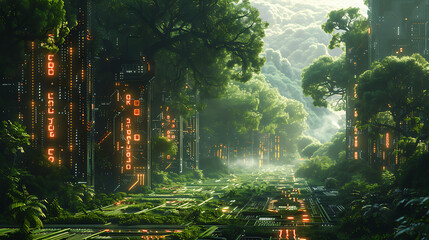 Digital Overgrowth - AI Takeover, Depict a surreal scene where digital elements and AI technology overtake the natural world.  - obrazy, fototapety, plakaty