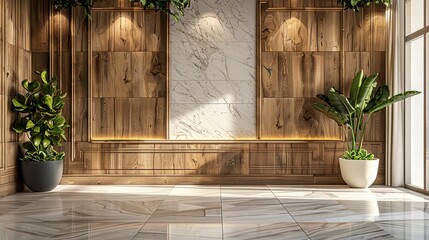 Wood look wall panel with marble wall panel in hotel. Generative AI.