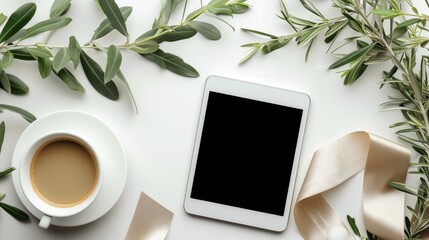 Top view of coffee cup with tablet empty screen, beige ribbon, and olive leaves in white desk
