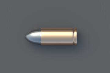 Pistol bullet 9mm on black background. Gun cartridge 9 millimeter. Military ammunition. Defense and attack. Top view. 3d render