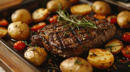 Tasty steaks with potatoes and rosemary, closeup. Grilled beef steaks with potatoes - obrazy, fototapety, plakaty