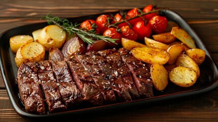 Tasty steaks with potatoes and rosemary, closeup. Grilled beef steaks with potatoes