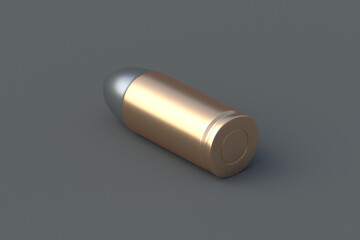 One pistol bullet 9mm on black background. Gun cartridge 9 millimeter. Military ammunition. Defense and attack. 3d render