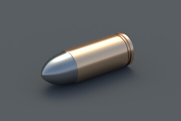 One pistol bullet 9mm on black background. Gun cartridge 9 millimeter. Military ammunition. Defense and attack. 3d render