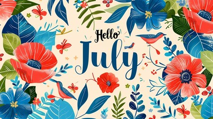 Text Hello July. illustration with flowers, birds and leaves. Decoration floral. Illustration month July