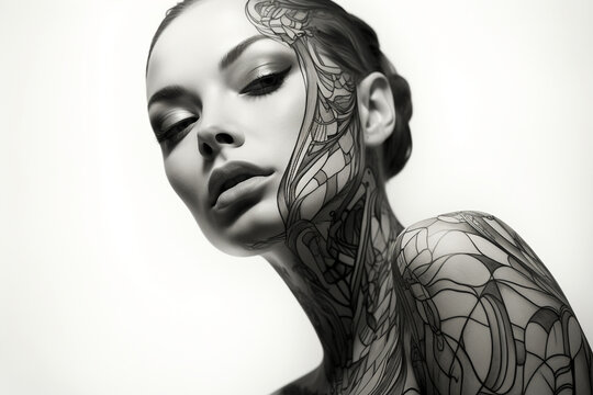 Black and white image showcasing a woman with intricate body paint