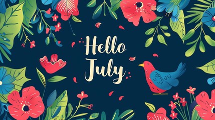 Text Hello July. illustration with flowers, birds and leaves. Decoration floral. Illustration month July