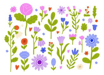 Modern blossomed flowers set. Abstract blooming floral plants and leaf. Fresh summer floristry, leaves. Nature design elements. Colored flat graphic vector illustrations isolated on white background