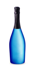 Isolated blue champagne bottle with a foil top on a white background