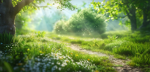 Beautiful spring landscape with path in a green field, with a blurred background, in the style of...