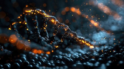 A highly detailed, ultra realistic, DNA helix wallpaper on a black background. Generative AI.