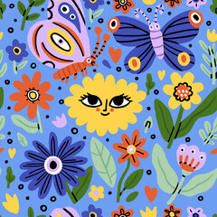 Seamless flower pattern. Bright floral background with blossoms, butterfly and blooms print. Repeating texture design. Multicolored backdrop for decor. Colored flat vector illustration for textile