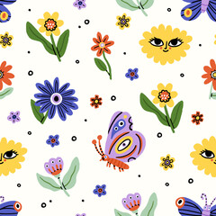 Seamless flower pattern. Bright floral background with blossoms, butterfly and blooms print. Repeating texture design. Multicolored backdrop for decor. Colored flat vector illustration for textile