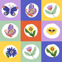 Seamless flower in bright squares pattern. Bright floral background with blossoms, butterfly. Repeating texture design. Multicolored backdrop for decor. Colored flat vector illustration for textile