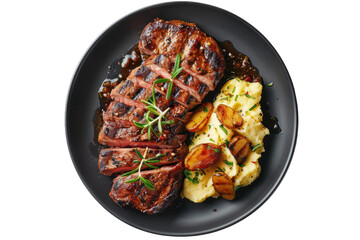 Grilled Sliced Beef Steak with Roasted Potatoes and Mashed Potato on a Dark Plate