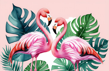 Two pink flamingos and monstera leaves on pink background, watercolor illustration for design