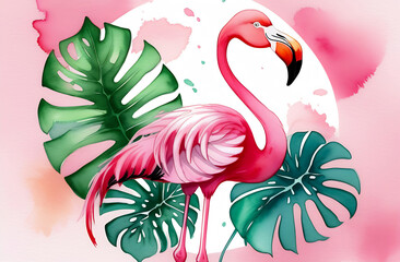 Pink flamingo and monstera leaves on pink background, watercolor illustration for design