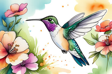 Beautiful green hummingbird flying, pink and yellow flowers, watercolor illustration, postcard