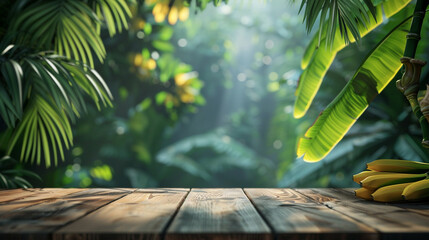 Step into a world where a wooden table top stand harmonizes with the tropical beauty of dark blurred palm and banana leaves.  - Powered by Adobe