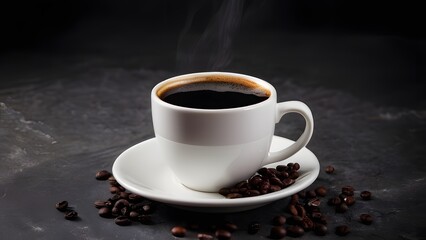 A warm cup of coffee set against a dark backdrop