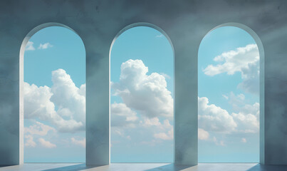 arched frameless windows with clouds in them, Generative AI