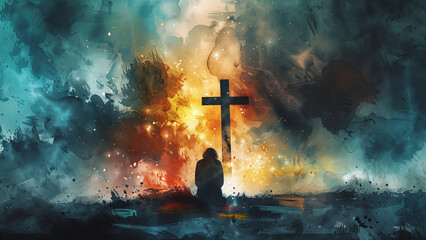 Catholic Faith: Watercolor Art depicting Man in Prayer before Radiant Christian Cross with Silhouette of Jesus