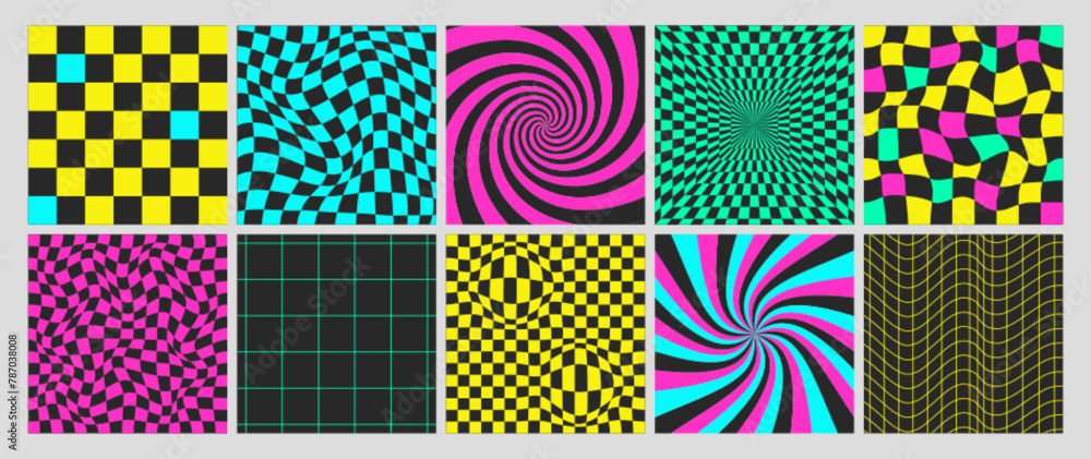Aufkleber square psychedelic checkerboard acid backgrounds with warped grid tile, spiral and swirls. checkered