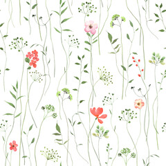 Floral seamless pattern with abstract green plants and small flowers, delicate isolated watercolor illustration for textile or wallpaper, background or cover, hand drawn print with design elements.