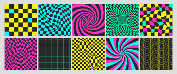 Square psychedelic checkerboard acid backgrounds with warped grid tile, spiral and swirls. Checkered seamless geometric patterns in groovy y2k style. Distorted chessboard covers with distortion effect