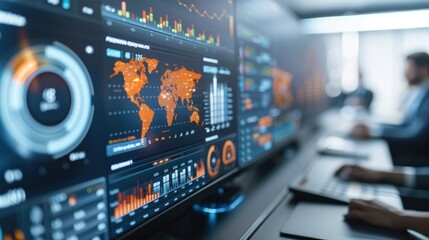 Close-up view of dashboard screen during a meeting, displaying interactive charts and HR analytics. Generative AI.