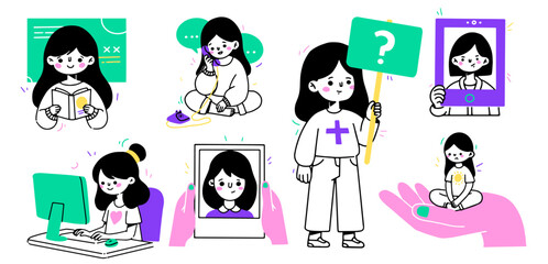
A girl reads a book, communicates on a computer and phone, looks at her photo, holds a tablet with questions, sits on her hand