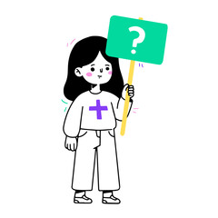 Thoughtful girl  thinks about something and holds a sign with a question mark. Confused entrepreneur girl doubts and has a question about something. Women's empowerment, asking concept