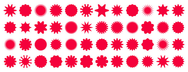 Starburst badge or promotional label set. Retro red wavy edge circle stickers, price promo tags, discount or special offer design emblems. Empty vintage sale star burst callouts or sunburst symbols.