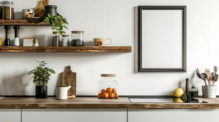 a modern mockup frame on a kitchen wooden shelf on a white wall background