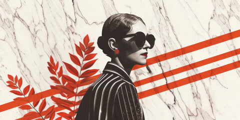 Elegant Woman in Sunglasses with Red Foliage and Marble Background