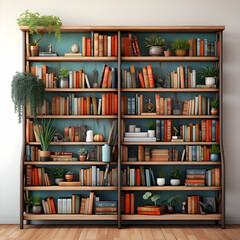3d rendered bookshelves with books and decorations in the interior