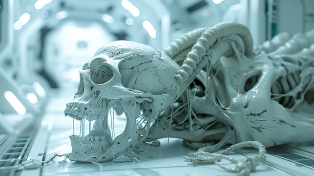white skinned alien down to the floor of scientific lab. Sci fi scene.