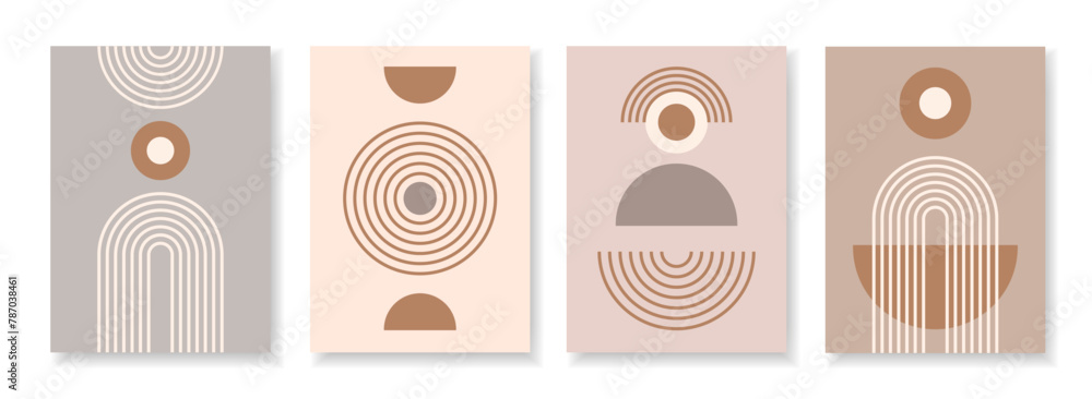Wall mural set of abstract poster with zen geometric line arches and circle shapes composition. linear outline 
