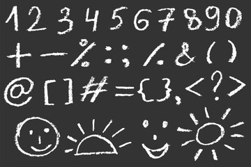 Chalk mathematics numbers and signs in doodle style. Crayons sketch elements for school lessons. Vector illustration