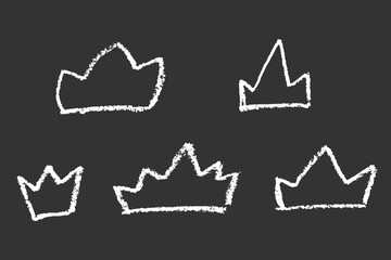 Chalk crown icons doodle style. Crayons sketch king or queen elements. Vector illustration