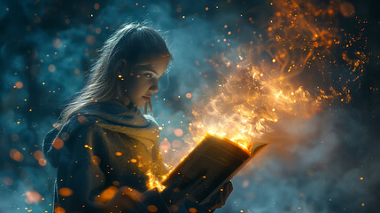 portrait of a child reading a book. A person holding an open book, their gaze captivated by the words on the page as they embark on a literary journey. - spirit of adventure and discovery found.