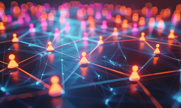 Connection, social network and hologram of global group with abstract digital illustration for communication. Community, contact and chat on internet with team on web or future tech for info on bokeh