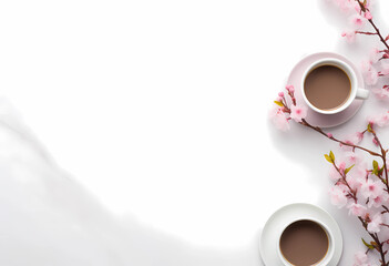 AI generated illustration of two coffee cups with delicate pink flowers on a white table - obrazy, fototapety, plakaty