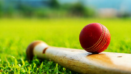 Extreme close-up of a red leather cricket ball resting on a wooden cricket bat on green grass of a cricket pitch. Shallow depth field with copy space. Generative Ai.