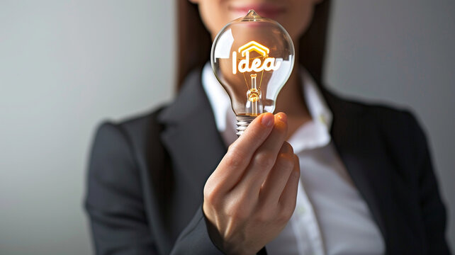 Hand holding light bulb with glowing text "Idea" inside on modern office background, concept idea