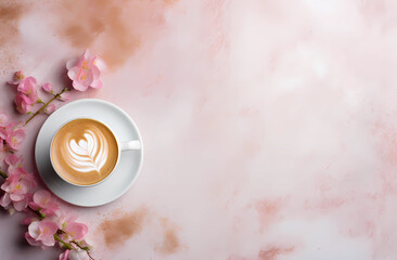 AI generated illustration of latte in a cup with pink flowers in the background - obrazy, fototapety, plakaty