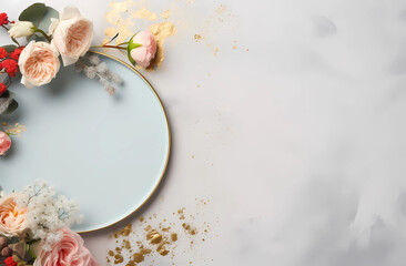 Fototapeta na wymiar AI generated illustration of a circular white frame with pink flowers on marble surface