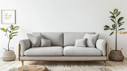 Fototapeta na wymiar Modern interior design of a living room with a grey sofa and white wall background. Mockup for product display. Scandinavian style home decor