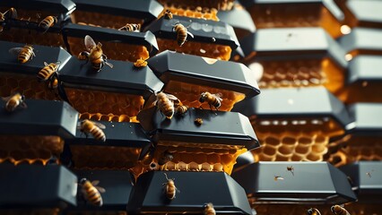 A modern honey hive, honey is extracted using advanced technology, A fusion of nature and technology - obrazy, fototapety, plakaty
